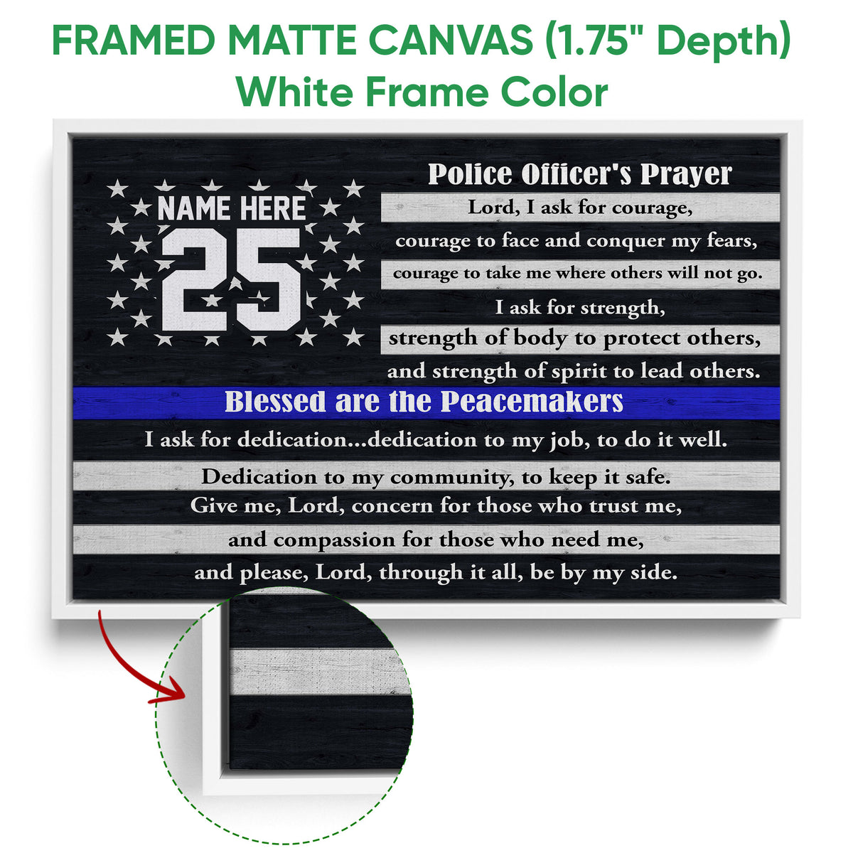 Framed police officer prayer canvas shown with a white frame and close-up frame detail