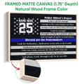 Framed police officer prayer canvas shown with a natural wood frame and close-up detail