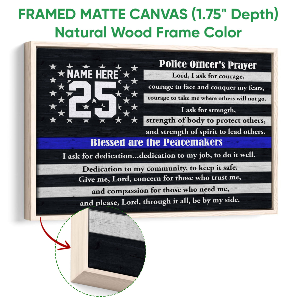 Framed police officer prayer canvas shown with a natural wood frame and close-up detail