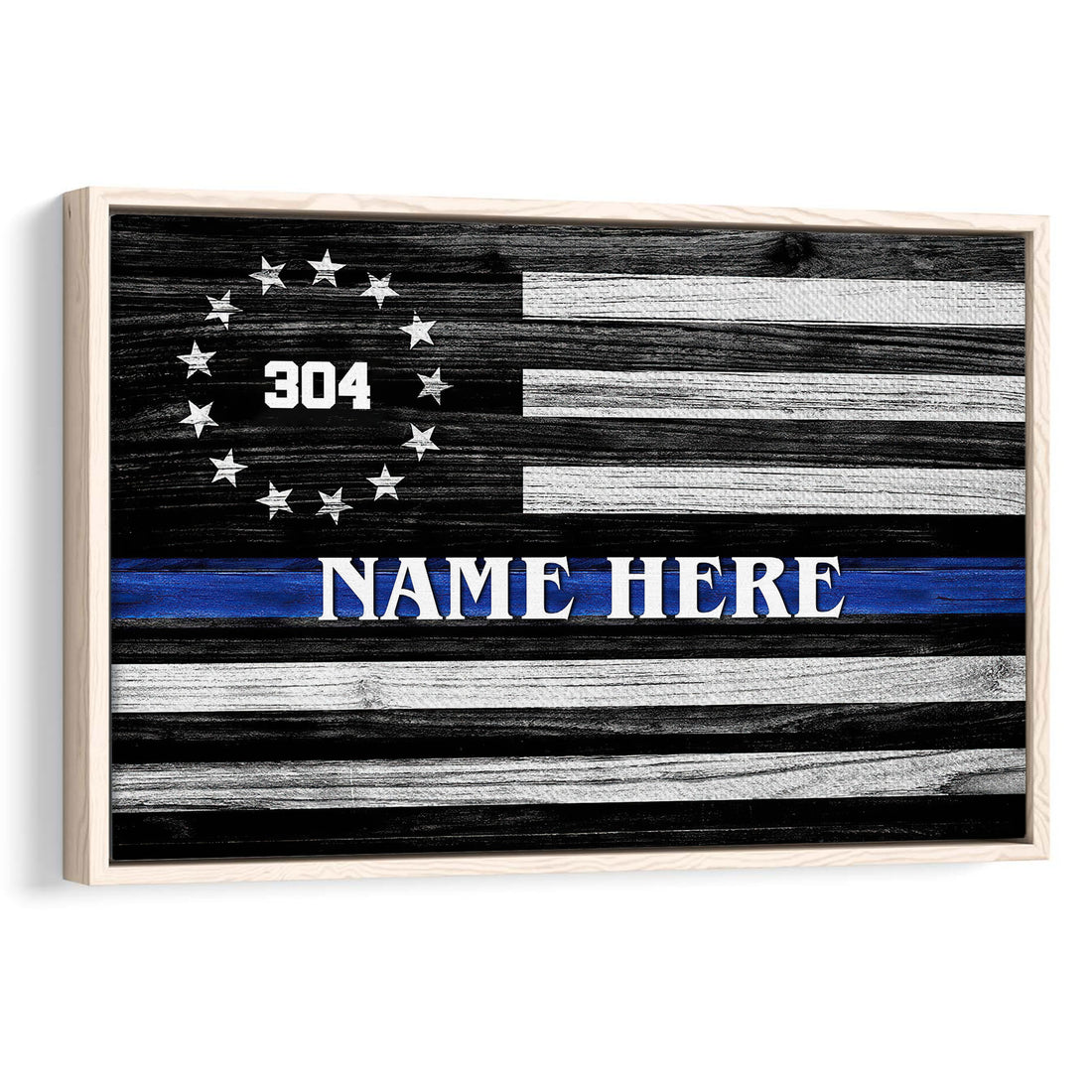 Framed police wall art featuring a rustic black and white flag with a blue line and stars