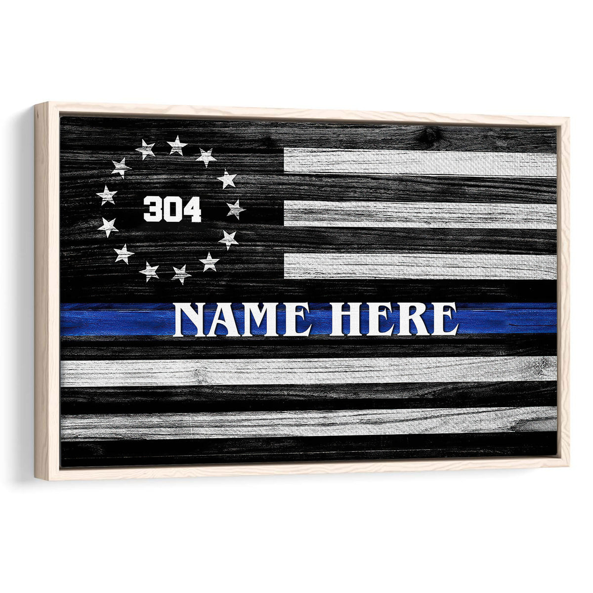 Framed police wall art featuring a rustic black and white flag with a blue line and stars