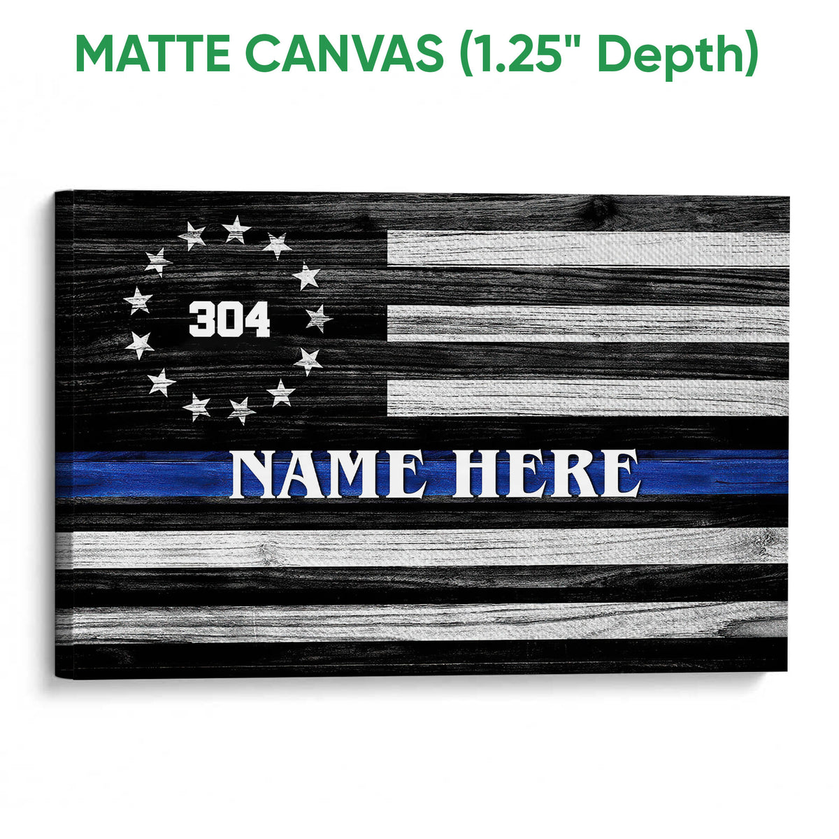 Matte canvas police wall art featuring a black and white flag design with a blue line