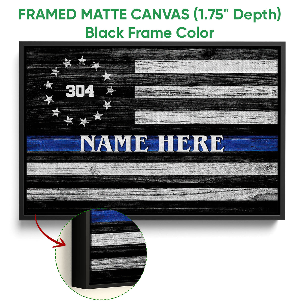 Black framed canvas police wall art with a rustic flag design and blue line detail