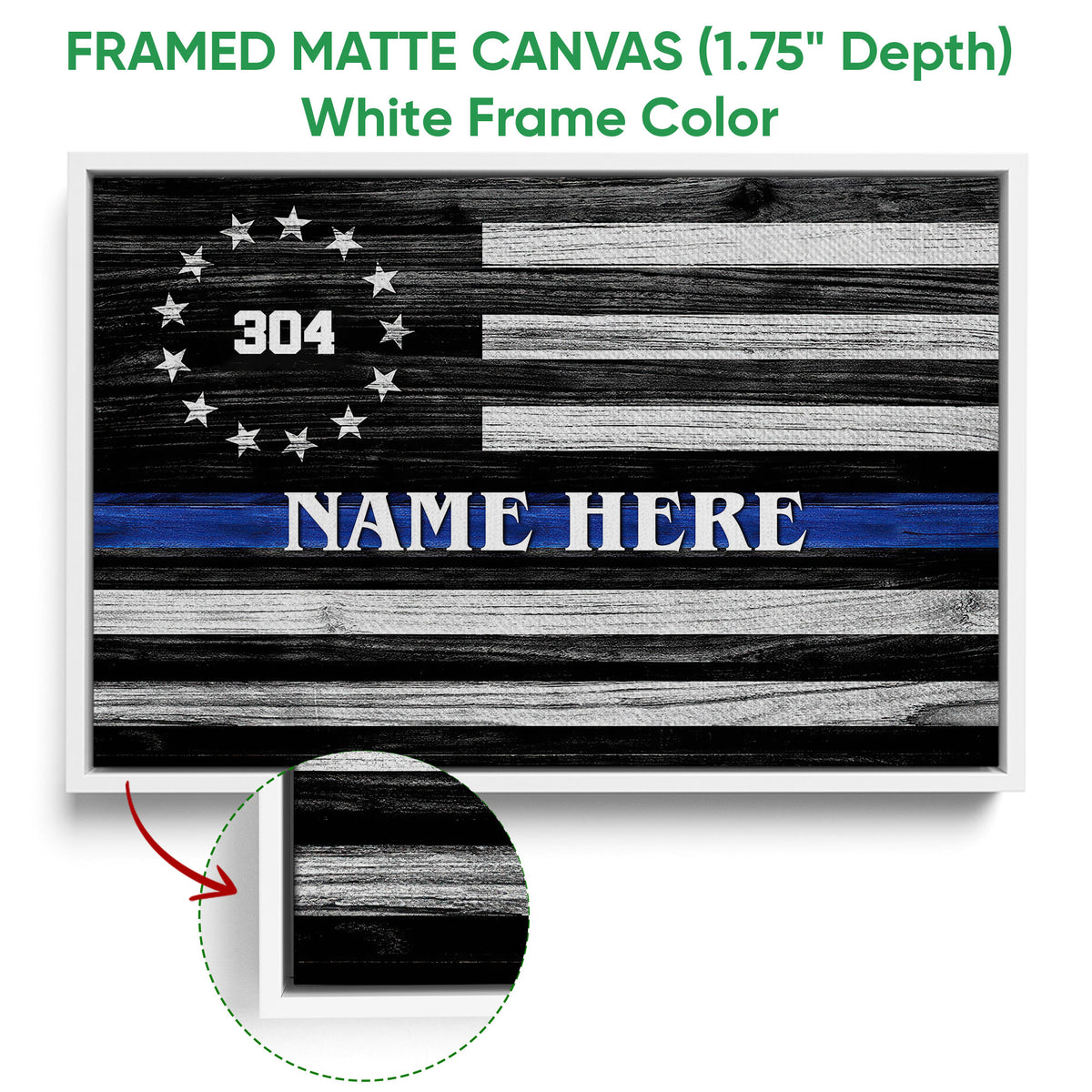 White framed canvas police wall art with a black and white flag and blue line