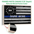 Natural wood framed police wall art with a rustic black and white flag design