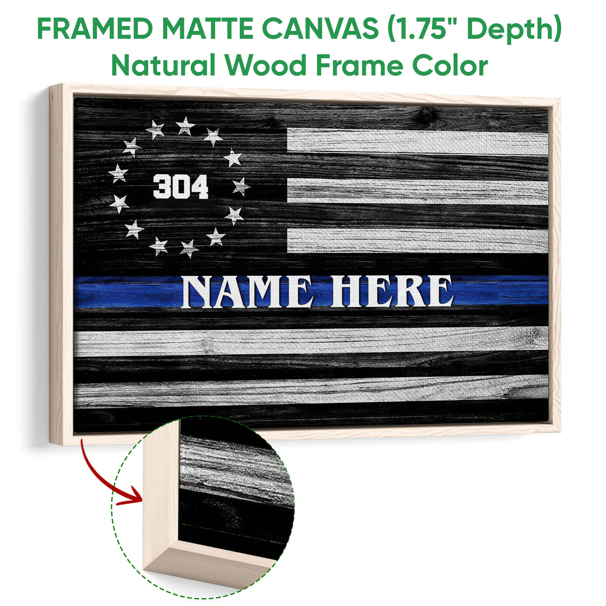Natural wood framed police wall art with a rustic black and white flag design
