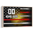 Framed softball wall art with a yellow softball, red and white bats, stars, and a dark patriotic-inspired design