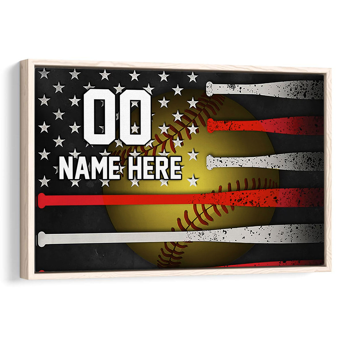 Framed softball wall art with a yellow softball, red and white bats, stars, and a dark patriotic-inspired design