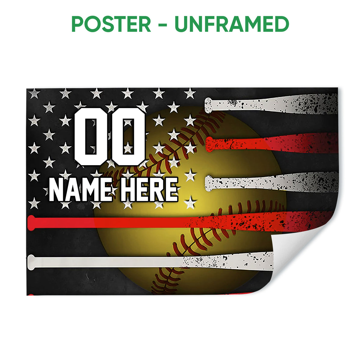 Unframed softball poster featuring a yellow softball, layered bats, stars, and bold dark red and white artwork