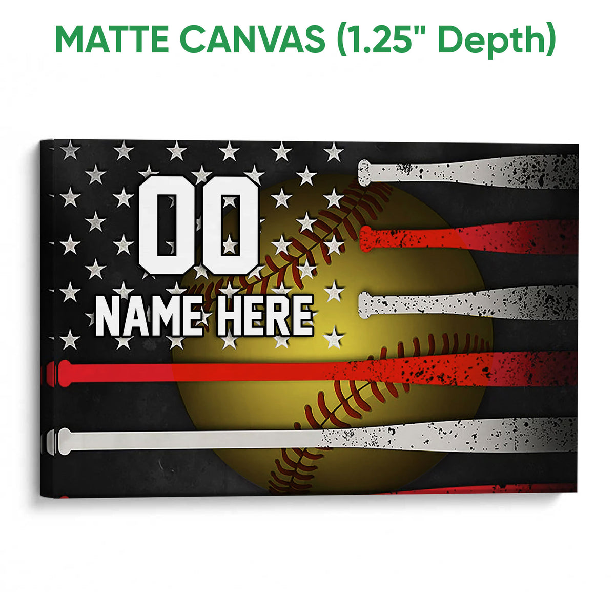 Matte canvas softball wall art with a yellow softball, stars, and layered red and white bats