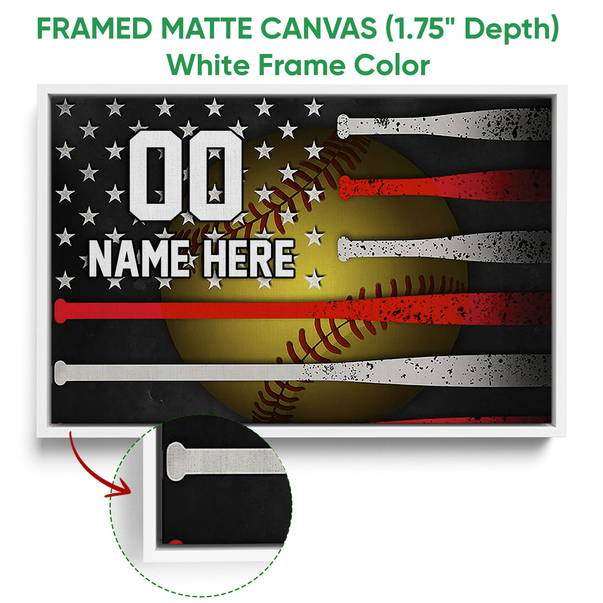 White framed softball canvas wall art featuring a yellow softball, stars, and contrasting red and white bats