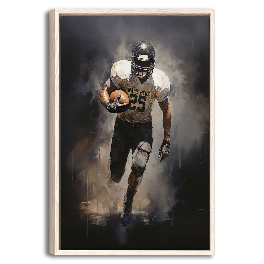 Framed football wall art showing an action-ready player carrying a football in a dramatic dark-toned scene