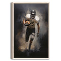 Framed football wall art showing an action-ready player carrying a football in a dramatic dark-toned scene