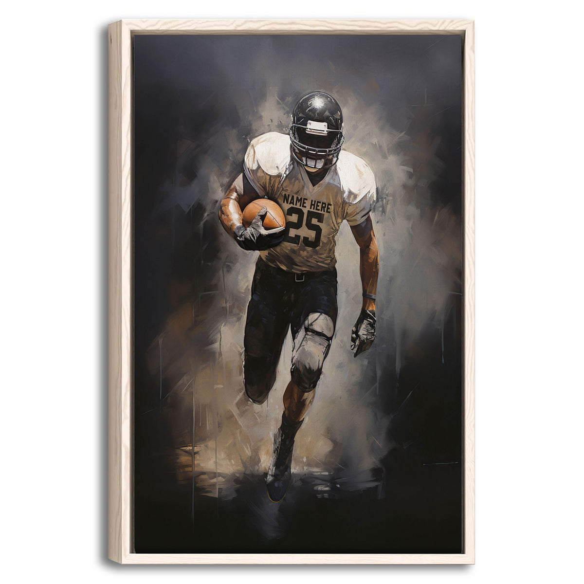 Framed football wall art showing an action-ready player carrying a football in a dramatic dark-toned scene