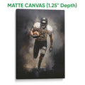 Matte canvas football wall art featuring an action player in a dark charcoal and warm bronze scene