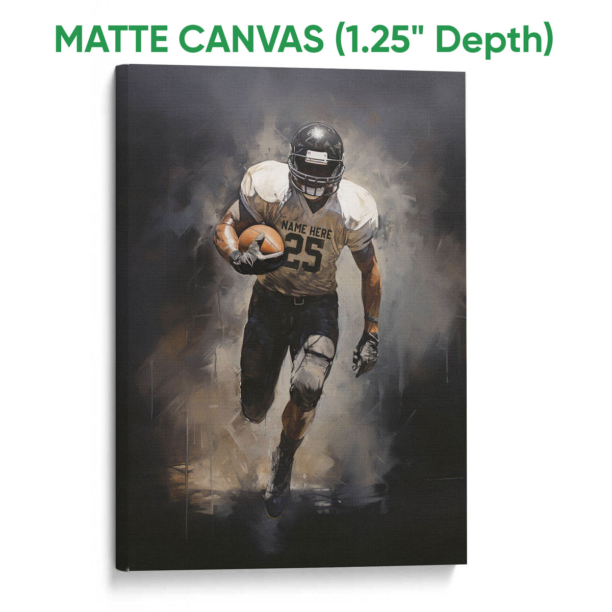 Matte canvas football wall art featuring an action player in a dark charcoal and warm bronze scene