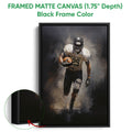 Black framed football wall art with a close-up detail of the deep frame and action player artwork