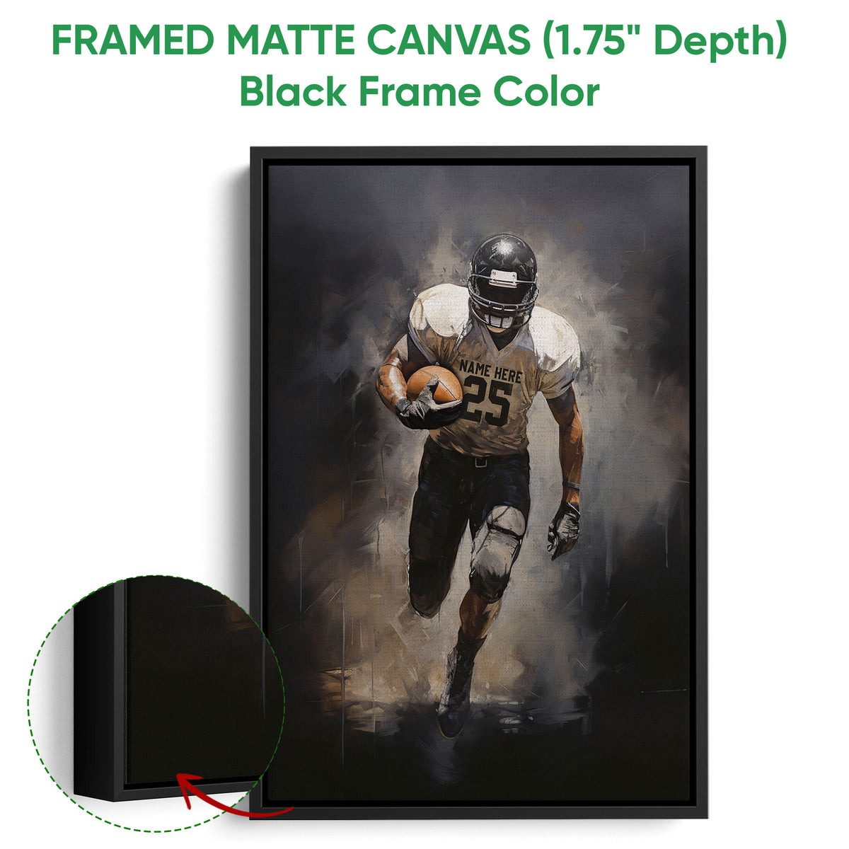 Black framed football wall art with a close-up detail of the deep frame and action player artwork