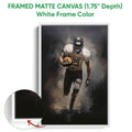 White framed football wall art showing the action player design with a close-up of the frame edge