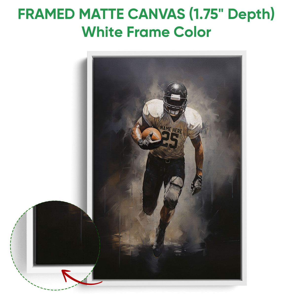 White framed football wall art showing the action player design with a close-up of the frame edge