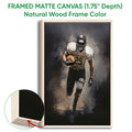 Natural wood framed football wall art featuring an action player and a close-up of the wood frame