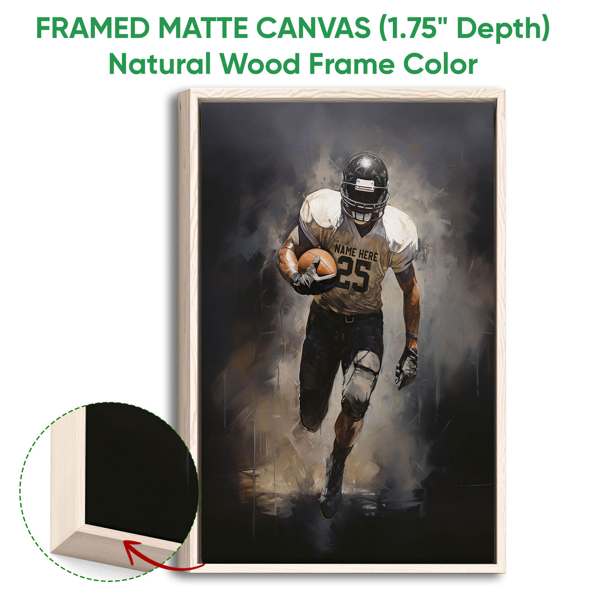 Natural wood framed football wall art featuring an action player and a close-up of the wood frame
