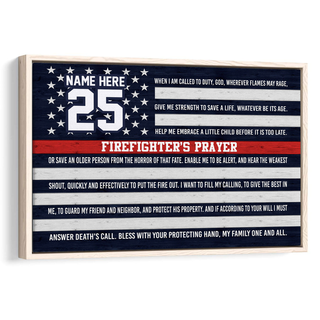 Framed firefighter wall art with patriotic navy, white and red stripes and a firefighter prayer design