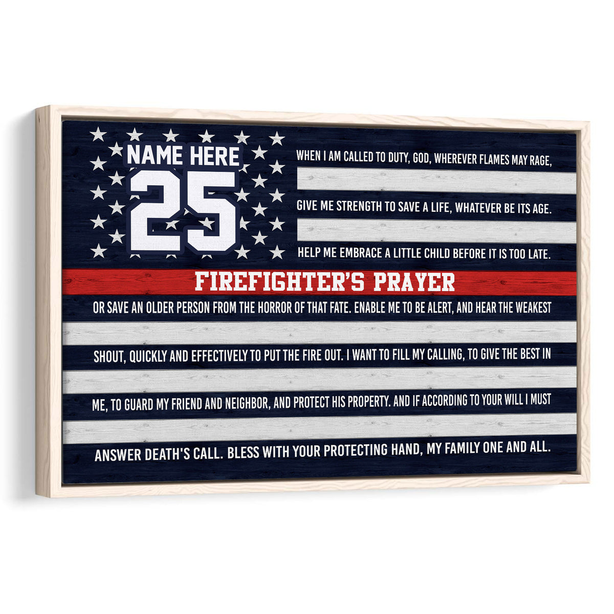 Framed firefighter wall art with patriotic navy, white and red stripes and a firefighter prayer design