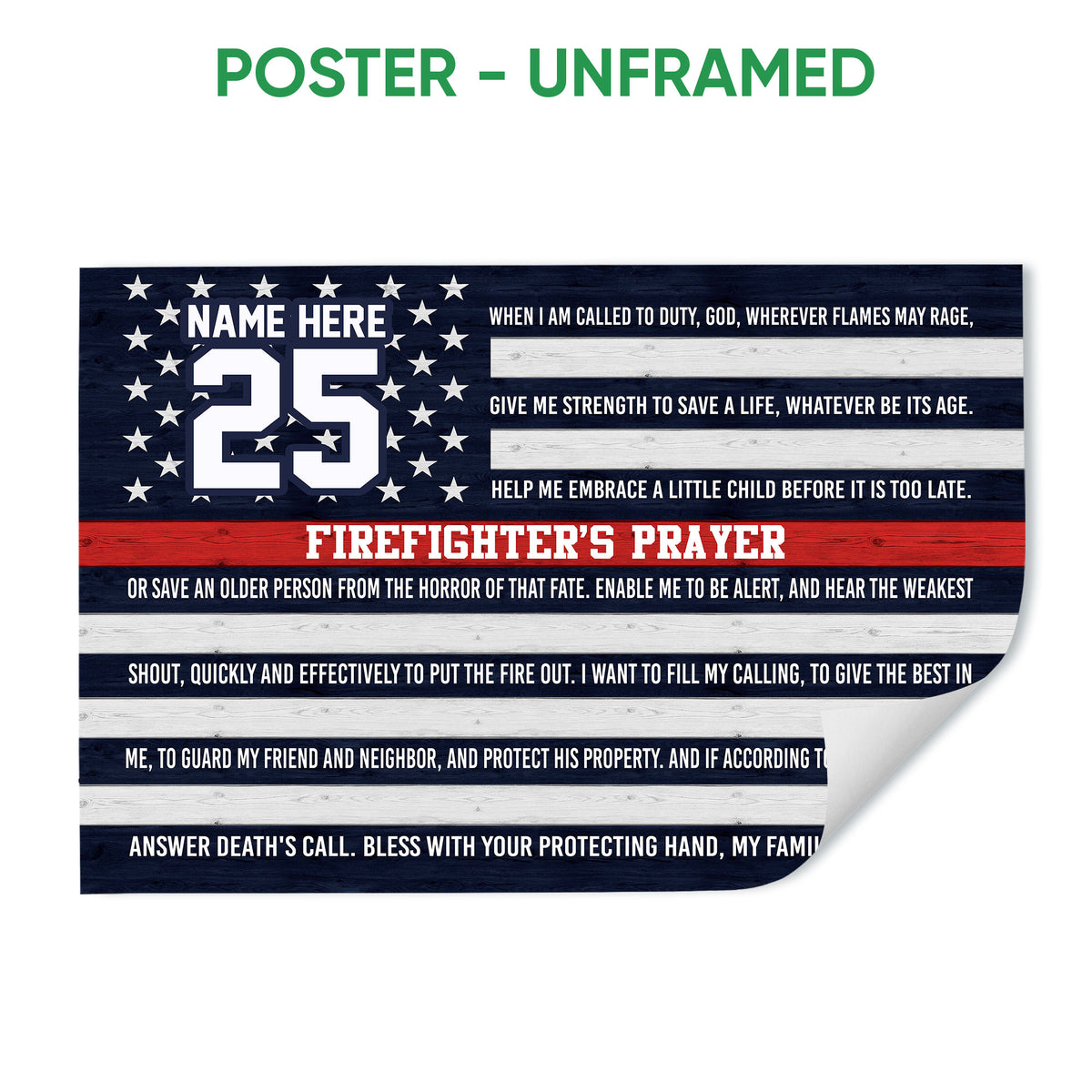 Unframed firefighter prayer poster with patriotic stripes, stars and bold fire service artwork