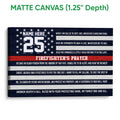 Matte canvas firefighter wall art featuring patriotic stripes, stars and a prayer-inspired design