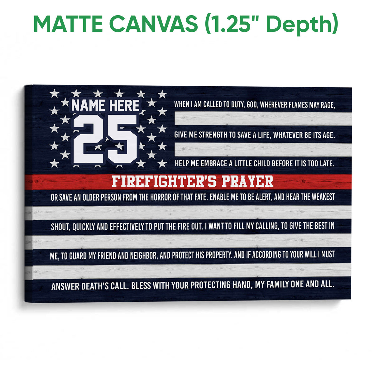 Matte canvas firefighter wall art featuring patriotic stripes, stars and a prayer-inspired design