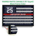 Black framed firefighter wall art with patriotic stripes, stars and a prayer-themed design