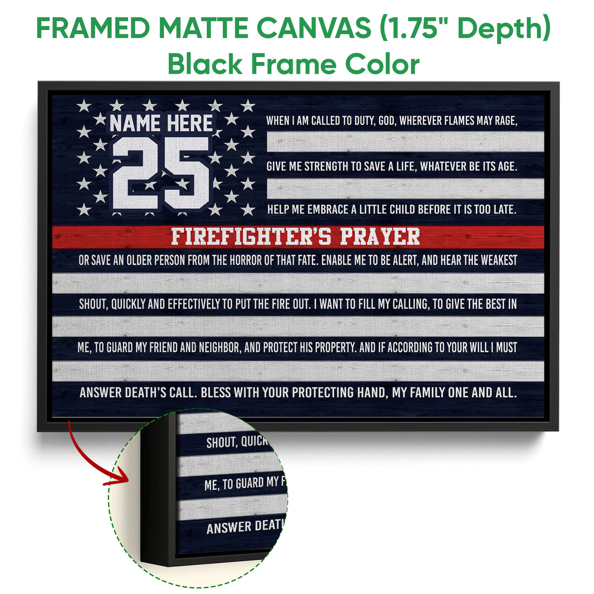 Black framed firefighter wall art with patriotic stripes, stars and a prayer-themed design