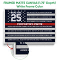 White framed firefighter wall art featuring navy, white and red stripes with star details