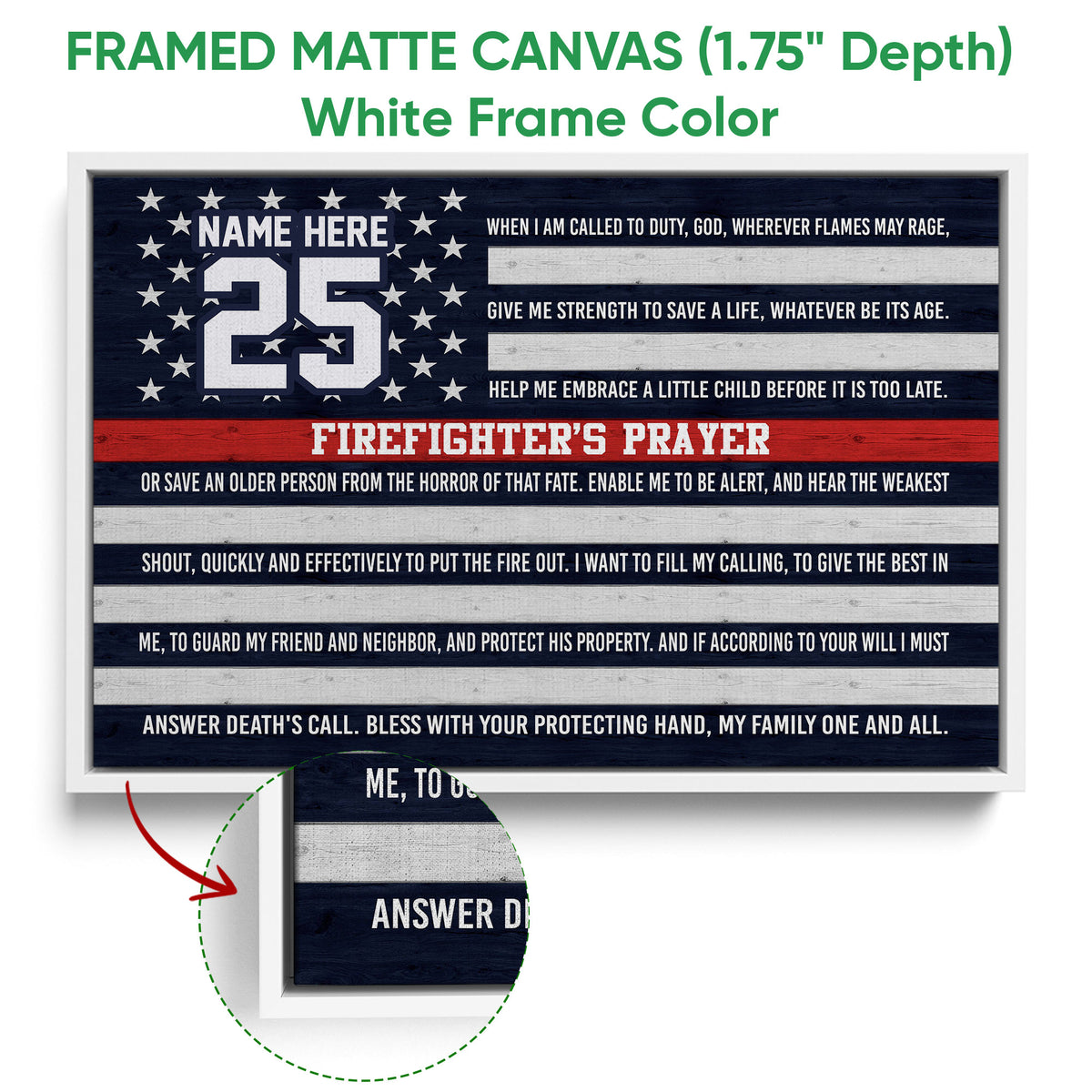 White framed firefighter wall art featuring navy, white and red stripes with star details