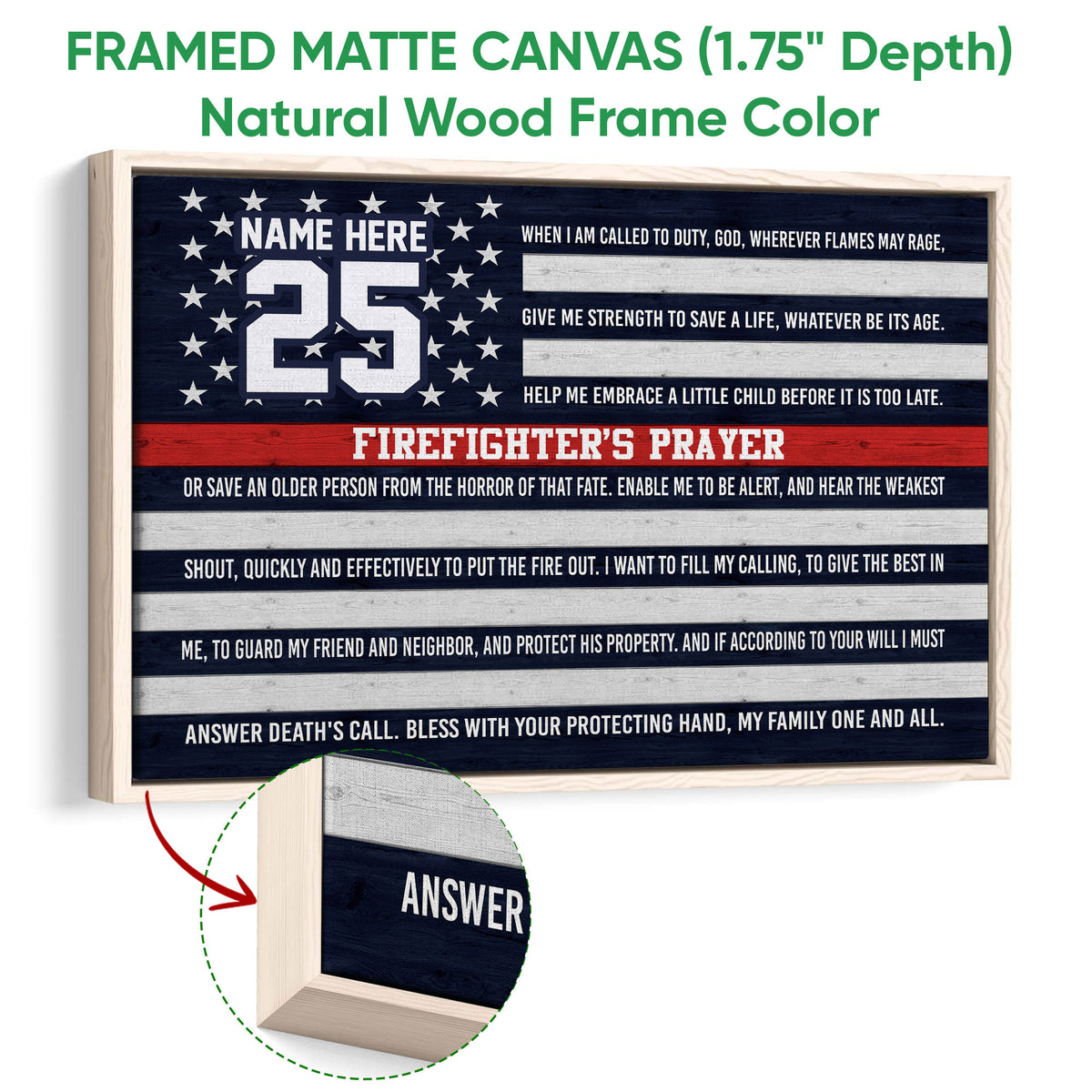 Natural wood framed firefighter wall art with patriotic stripes, stars and bold prayer artwork