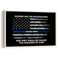 Framed police wall art featuring a distressed black and white flag with a blue line and faith-inspired message