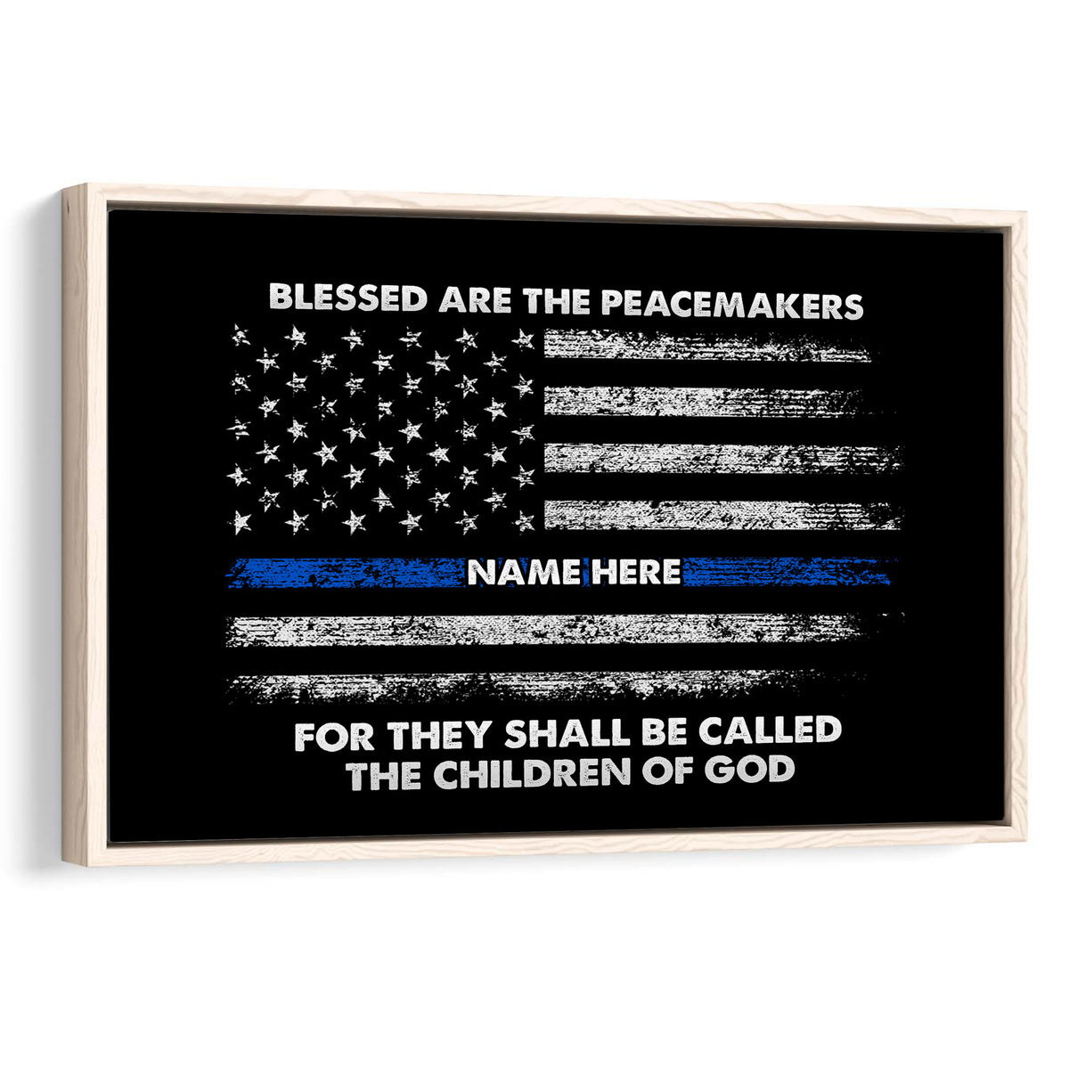 Framed police wall art featuring a distressed black and white flag with a blue line and faith-inspired message