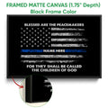 Black framed police wall art with a distressed patriotic flag design and blue line detail