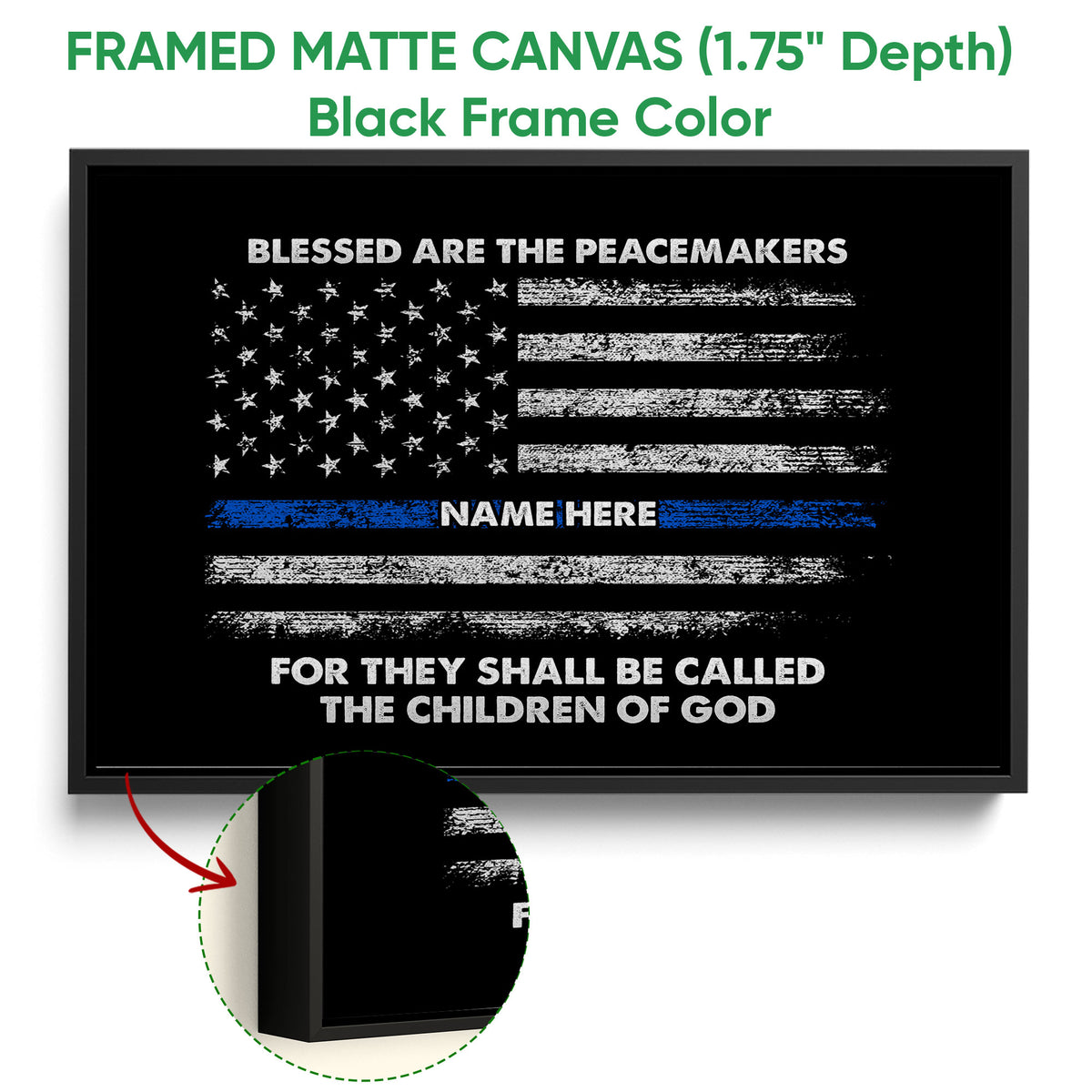 Black framed police wall art with a distressed patriotic flag design and blue line detail