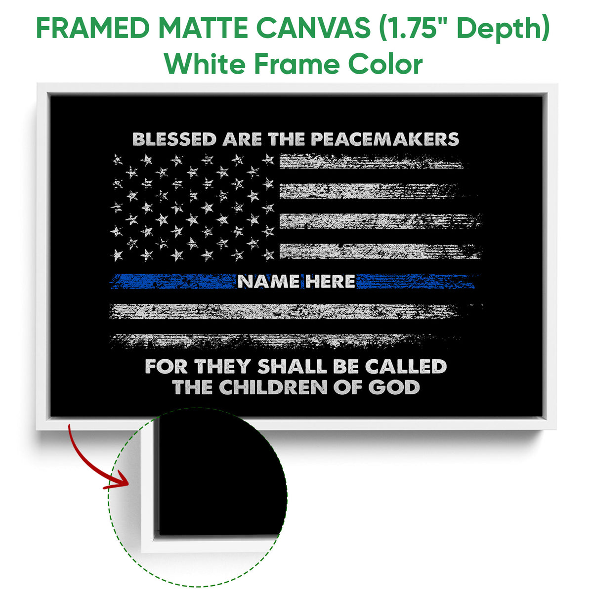 White framed police wall art featuring a black distressed flag, white stars, and a blue line accent