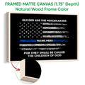Natural wood framed police wall art with a distressed black and white flag and blue line design