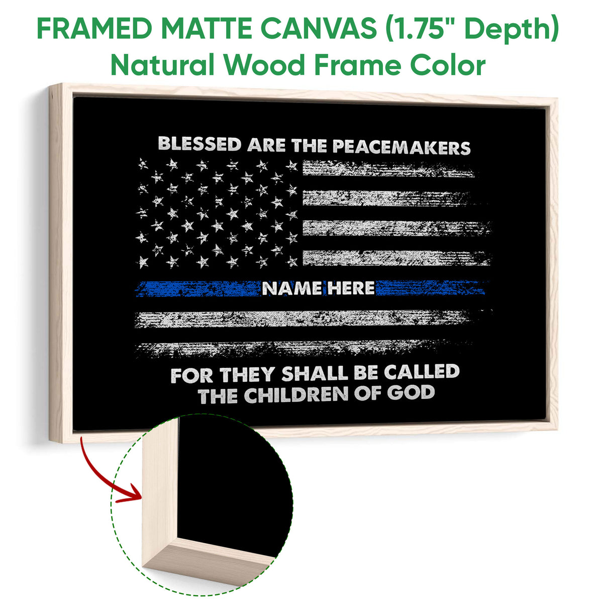 Natural wood framed police wall art with a distressed black and white flag and blue line design