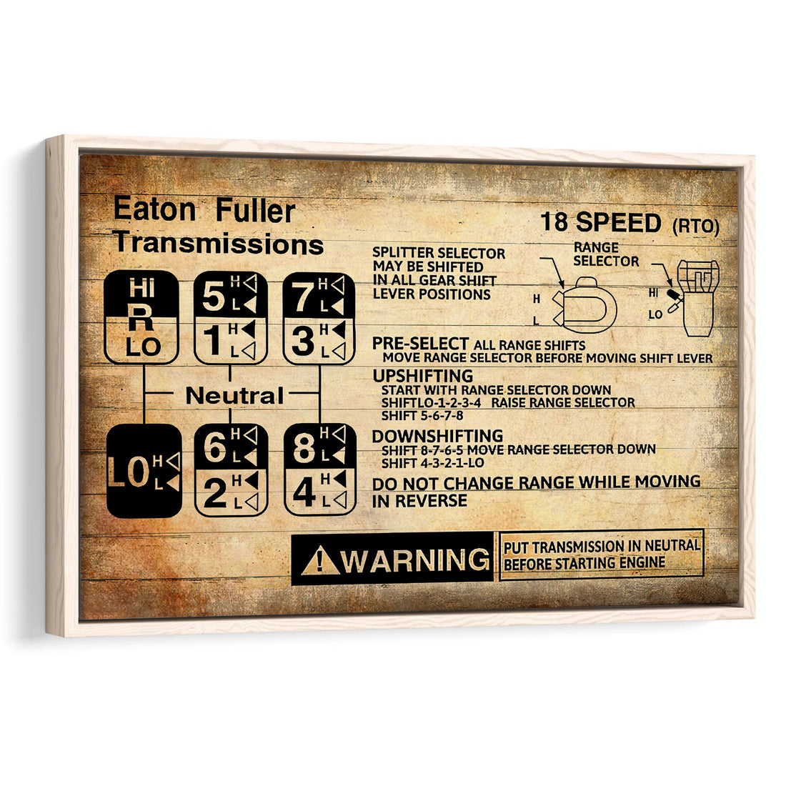 Framed trucker wall art featuring a vintage industrial truck transmission gear-shift diagram