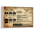 Framed trucker wall art featuring a vintage industrial truck transmission gear-shift diagram