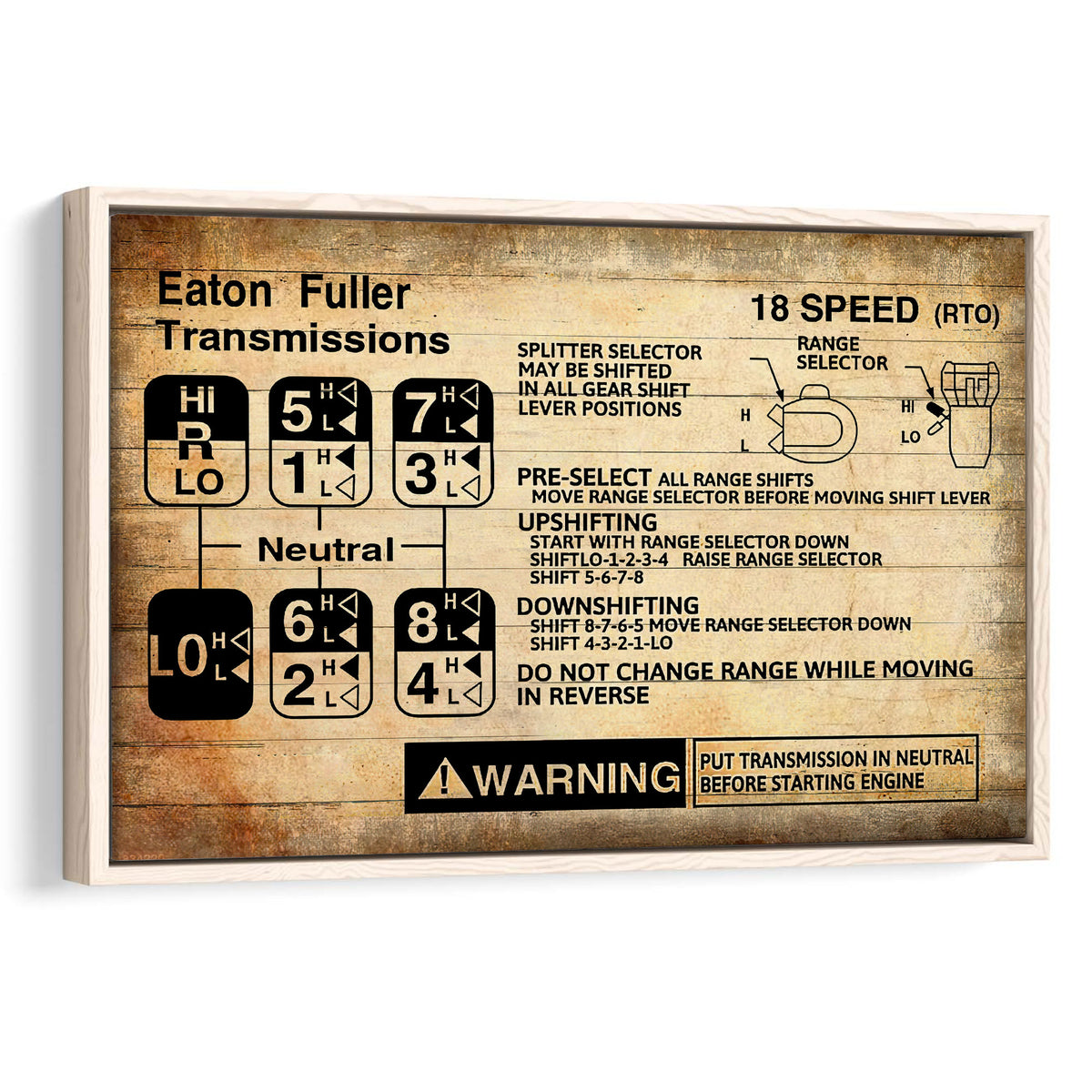 Framed trucker wall art featuring a vintage industrial truck transmission gear-shift diagram