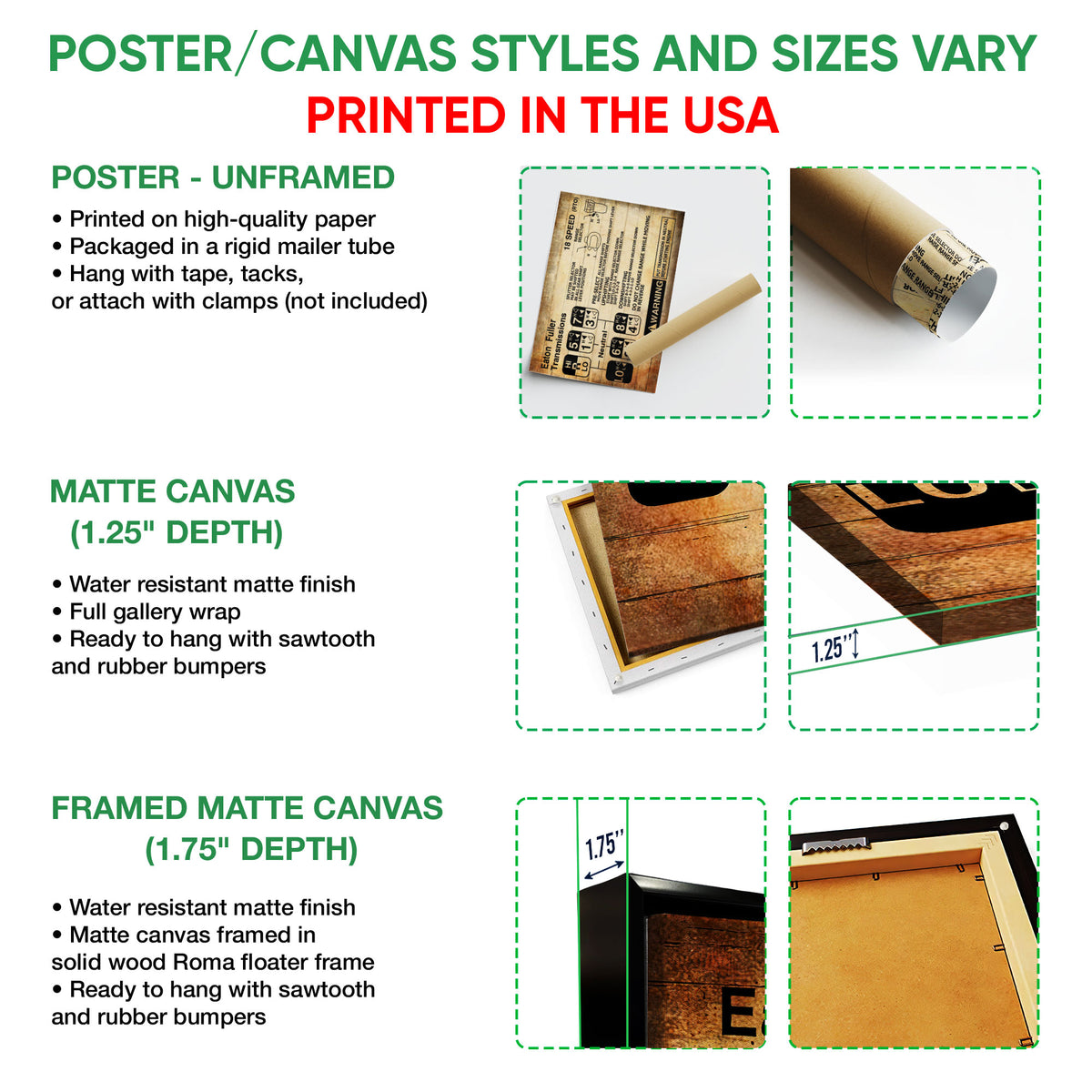 Poster or canvas wall art format guide showing unframed poster, matte canvas and framed canvas options