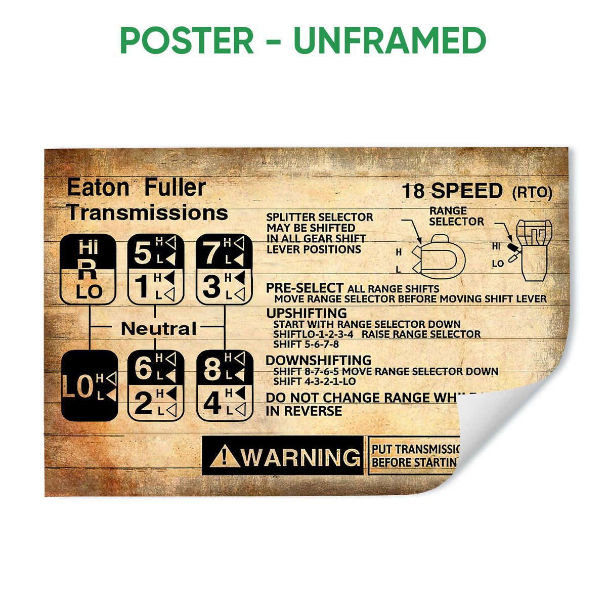 Unframed poster wall art with a vintage brown truck transmission gear-shift diagram