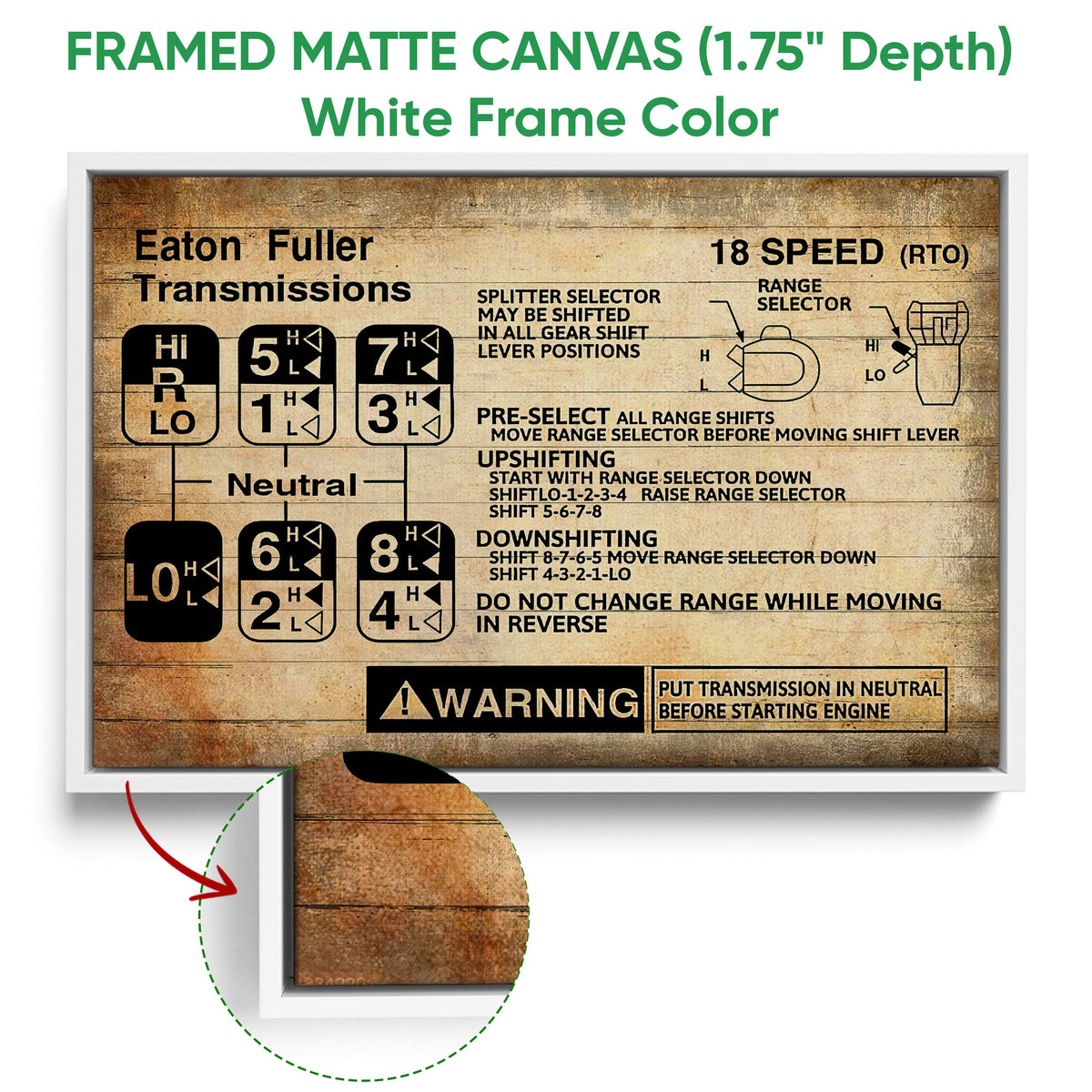 White framed canvas wall art featuring a brown truck transmission gear-shift diagram