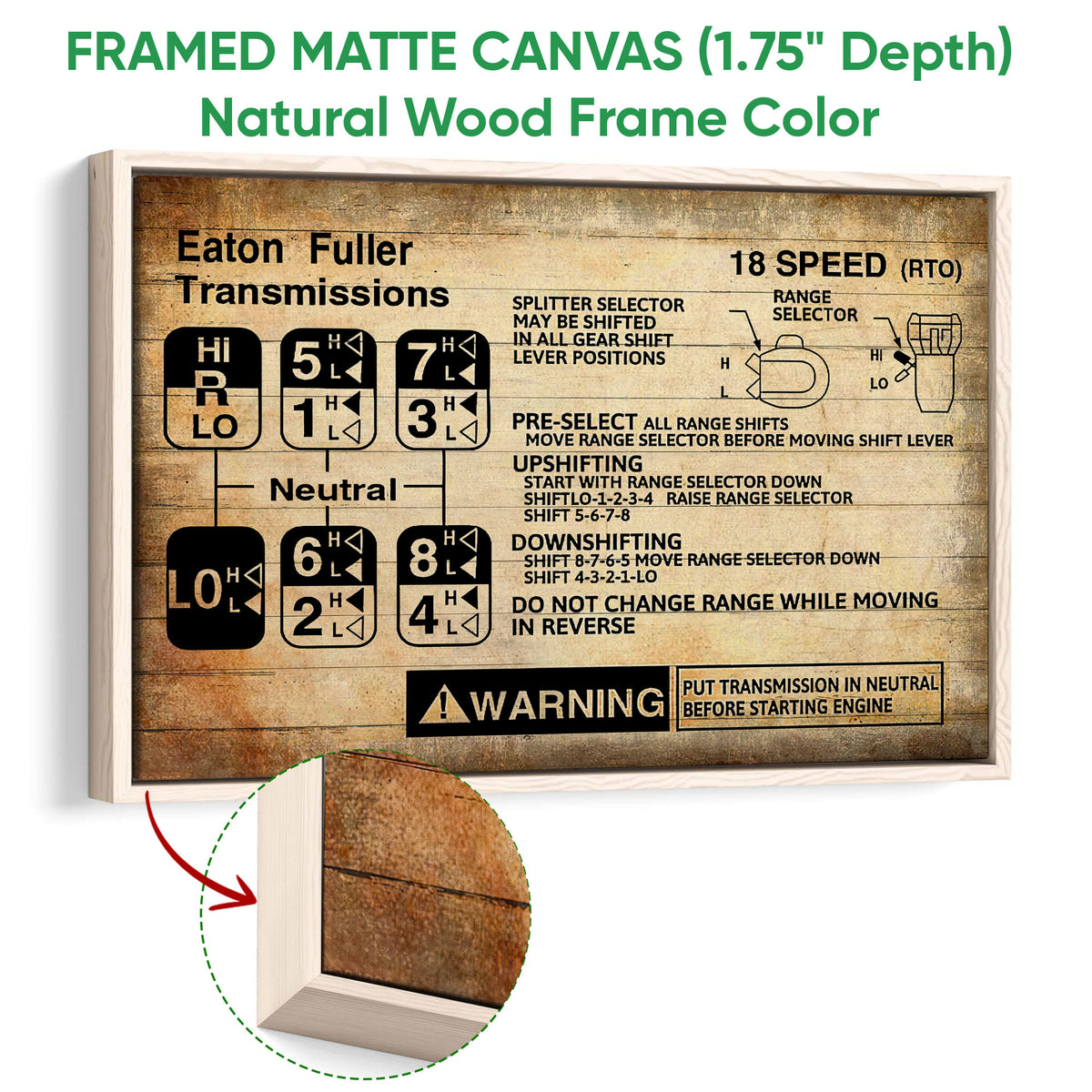 Natural wood framed canvas wall art with a vintage industrial truck transmission design